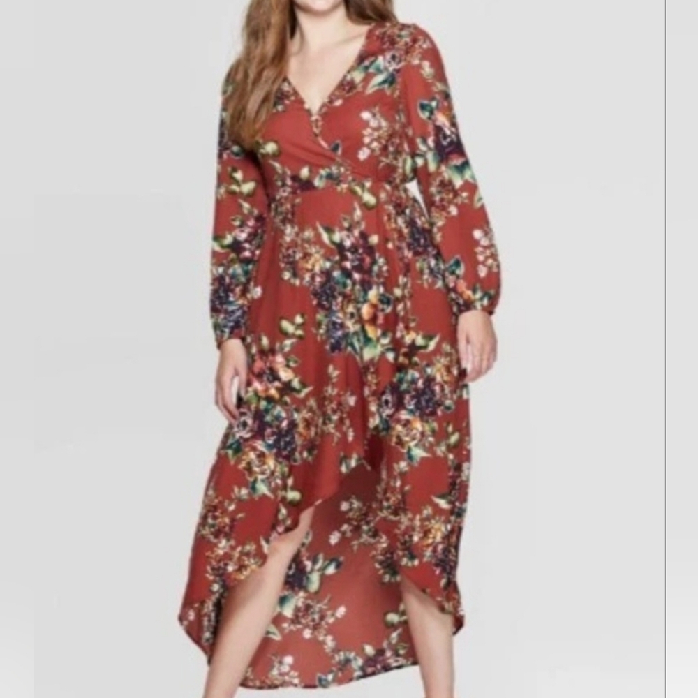 Xhilaration Women's Floral Long Sleeve Deep V-Neck High Low Wrap Midi Dress